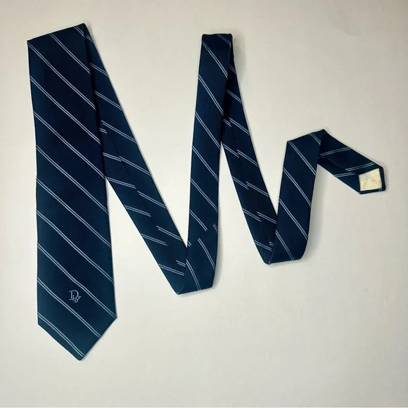Vintage DIOR Embroidered Navy Blue Striped Classic Tie, 3” - Picture 6 of 6